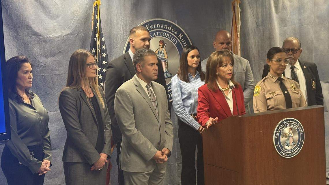 Miami-Dade State Attorney Katherine Fernandez Rundle and Miami-Dade Sheriff Rosie Cordero-Stutz hold a press conference Tuesday, Dec. 23, 2025, about the arrest of a former Bank of America employee accused of stealing $500,000 from a woman with disabilities.