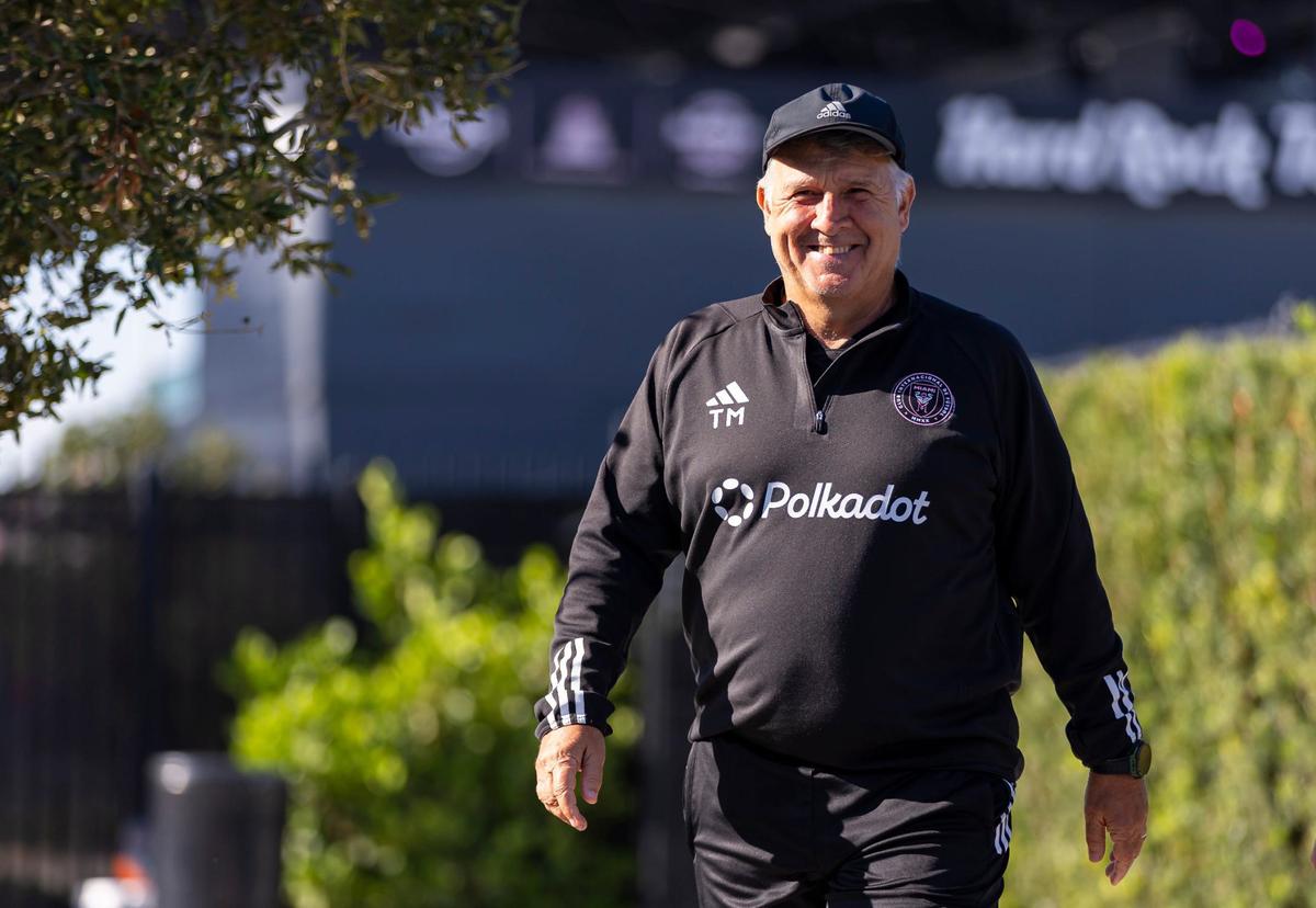 Inter Miami head coach Tata Martino arrives to a press conference before the start of a team practice session at the Florida Blue Training Center on Friday, Sept. 13, 2024, in Fort Lauderdale, Fla.