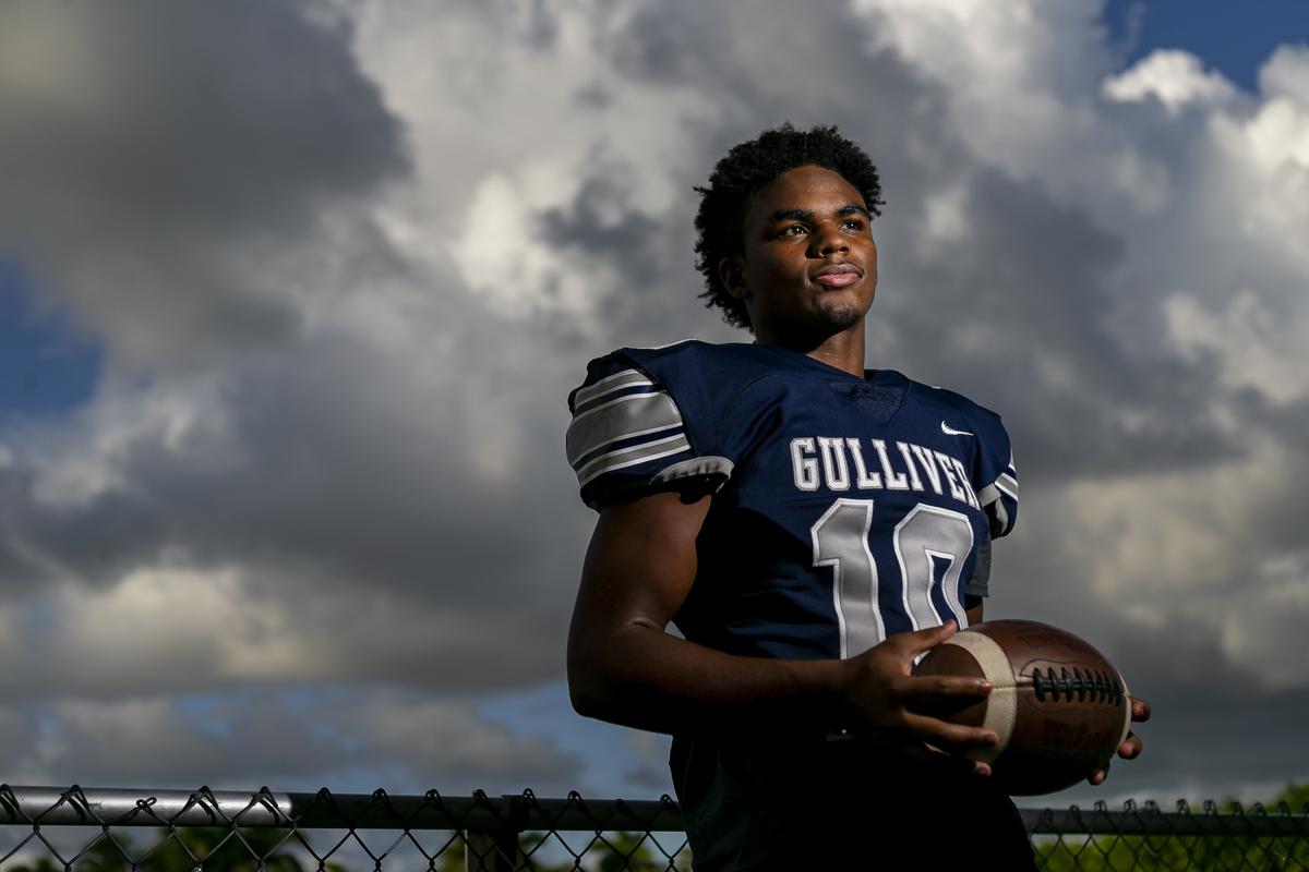 Gabriel Taylor, the younger brother of Sean Taylor, practices with his team at Gulliver Prep High School in Pinecrest, Florida on Wednesday, November 6, 2019.