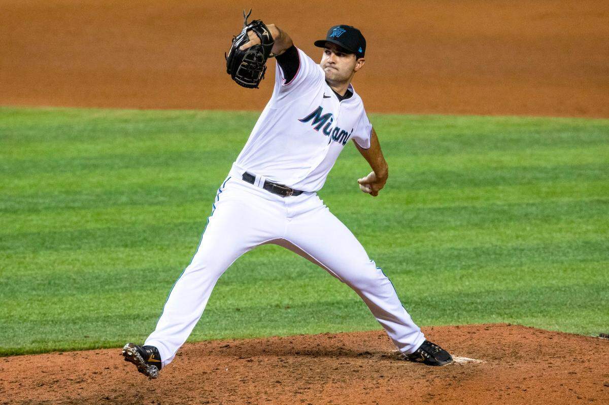 Miami Marlins left-handed pitcher Richard Bleier (35) throws a pitch during the seventh inning of a Major League Baseball game against the Toronto Blue Jays at Marlins Park in Miami, Florida on Tuesday, September 1, 2020.