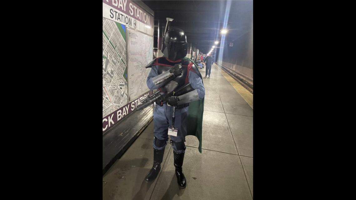 A report of a man with a gun led Boston transit police to someone costumed as “Star Wars” bounty hunter Boba Fett.