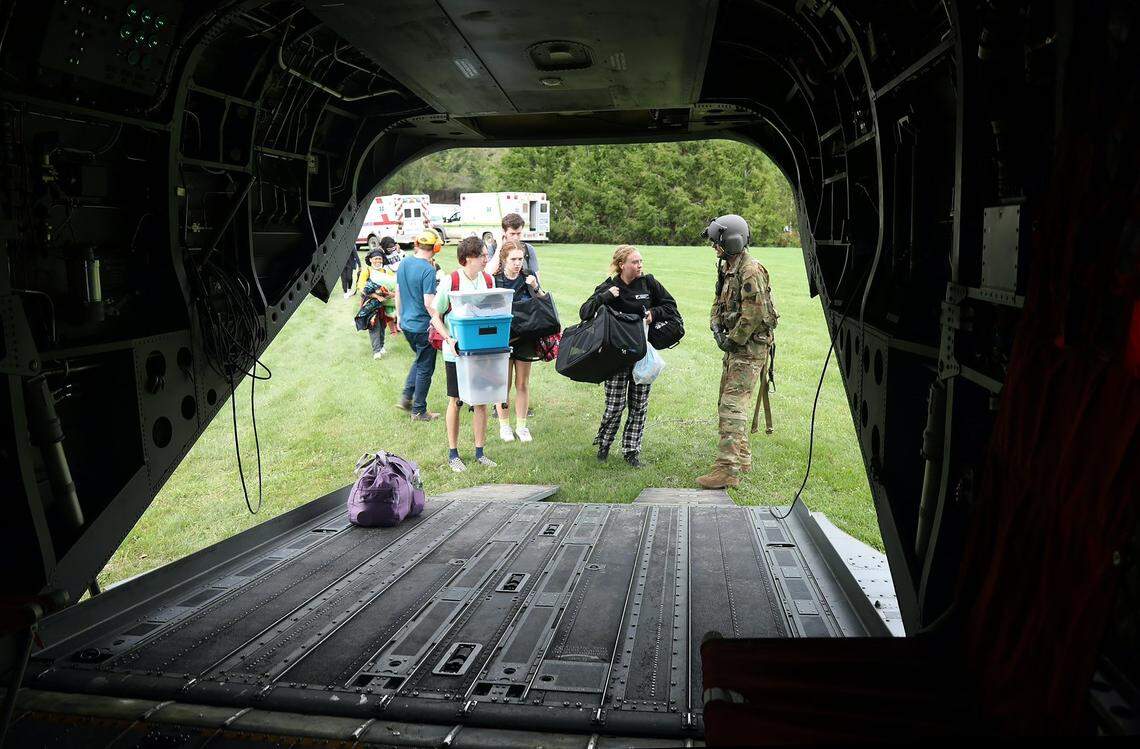 Soldiers assigned to the N.C. National Guard 2nd Battalion, 104th Aviation Regiment airlift stranded citizens from Avery County to Hickory. U.S. National Guard aviation crews from Connecticut, Maryland, Pennsylvania and Iowa are supporting the N.C. National Guard.