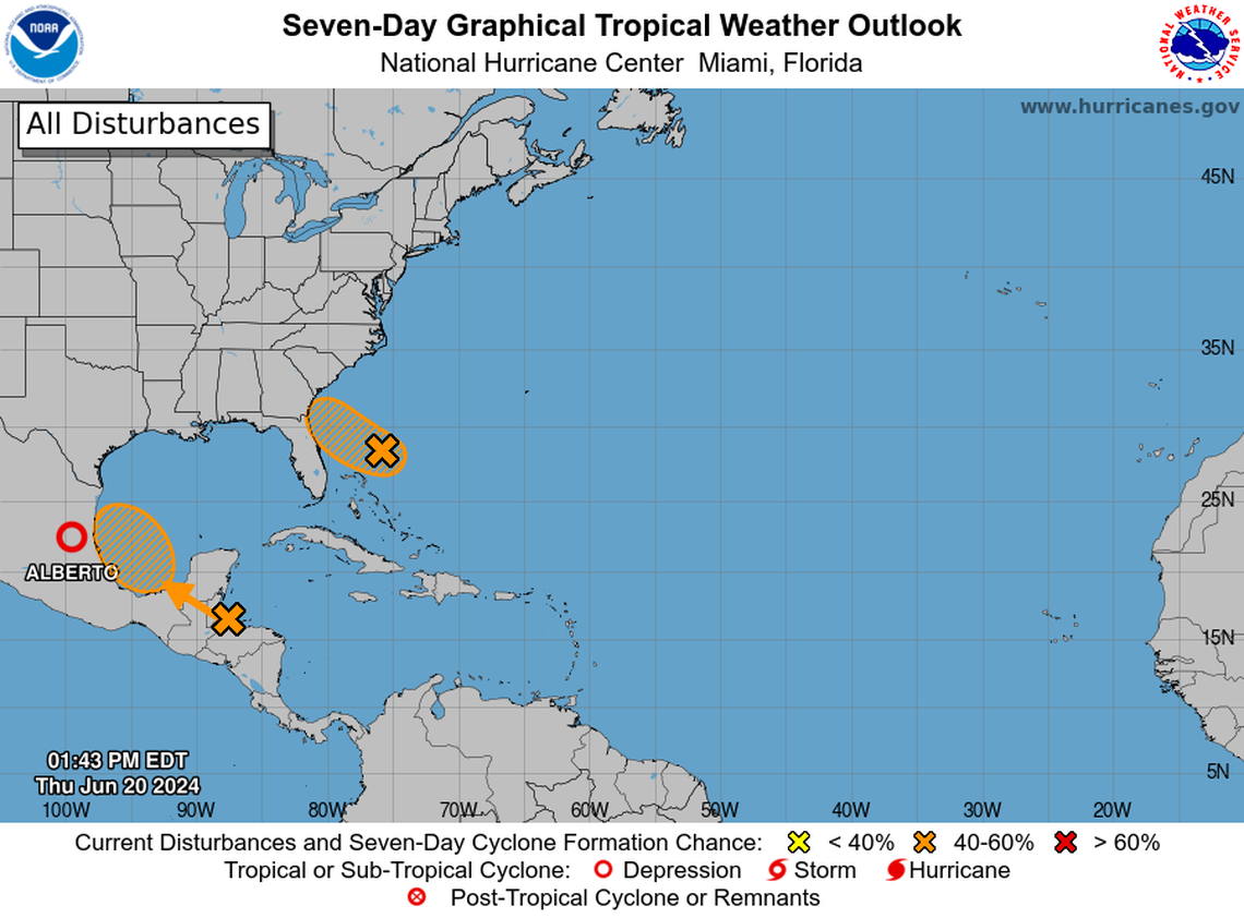 The hurricane center is tracking two disturbances with moderate chances of strengthening into tropical depressions sometime in the next week.