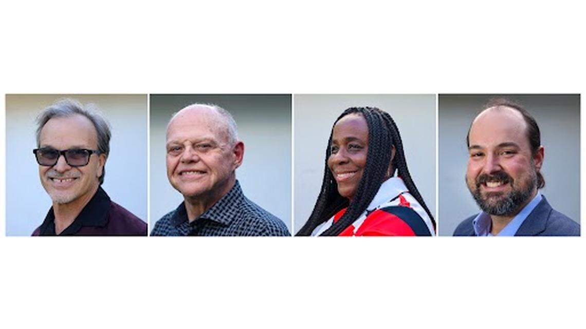 Candidates for MDCPS “Teacher of the Year are Roberto Rabelo, left, Gary Spitnale, Julia Pennington-Gilchrist, and Dale Adamson, photographed on Wednesday, January 21, 2026, in North Miami, Florida.