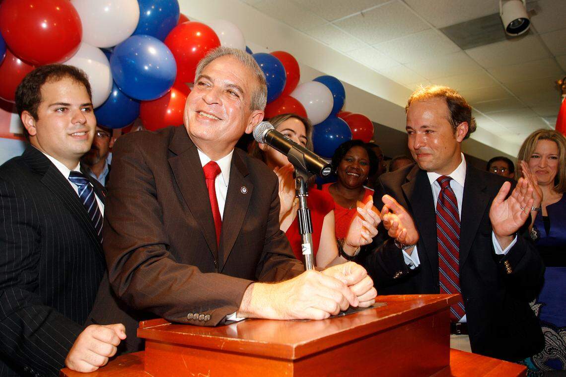 From left to right: Jose Regalado, the new mayor Tomás Regalado and Tommy Regalado celebrate Regalado’s landslide victory against his opponent Joe Sanchez on Nov. 3, 2009.