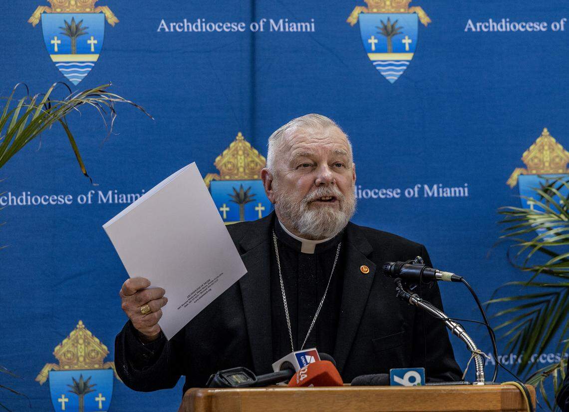 Archbishop Thomas Wenski speaks during a press conference held by the Archdiocese of Miami, to address the abrupt cancellation of an $11 million federal contract with Catholic Charities, in addition to the immediate and long-term impact on services for unaccompanied minors and the broader humanitarian mission of the Archdiocese. The contract supported shelter and care for unaccompanied migrant children entering the United States, in Miami Shores, on Thursday, April 16, 2026.