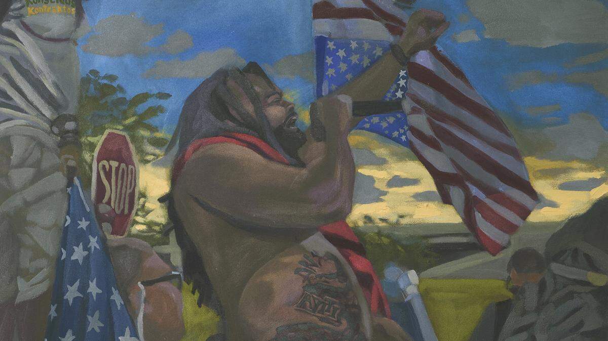 Eddie Arroyo’s “Uhuru Konsyan honoring Arthur McDuffie,” 2020, is part of the show “Talking to Real Americans” at Spinello Projects through March 19, 2022.