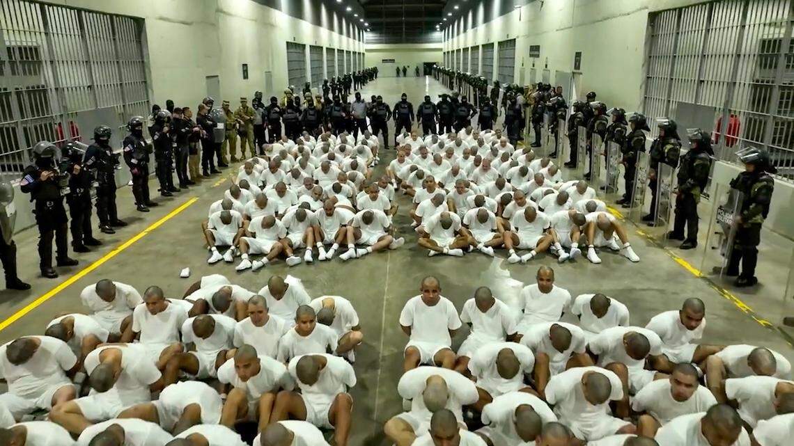 A screengrab from a video obtained from the El Salvador Presidential Press Office shows alleged members of the Venezuelan criminal organization Tren de Aragua, deported by the U.S. government, detained at the Terrorism Confinement Center in Tecoluca, El Salvador, on March 16, 2025.