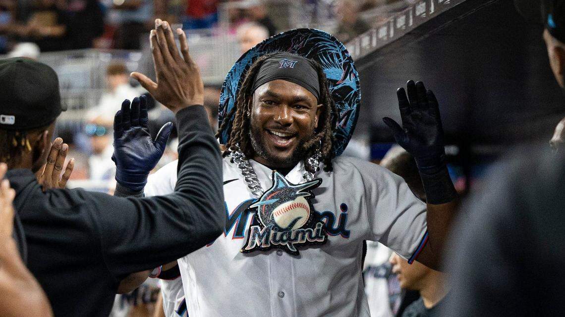 Miami Marlins designated hitter Josh Bell (9) celebrates his homer, the third home run in a row for the Marlines, during the eight inning of a baseball game on Monday, Aug. 14, 2023, at loanDepot Park in Miami.