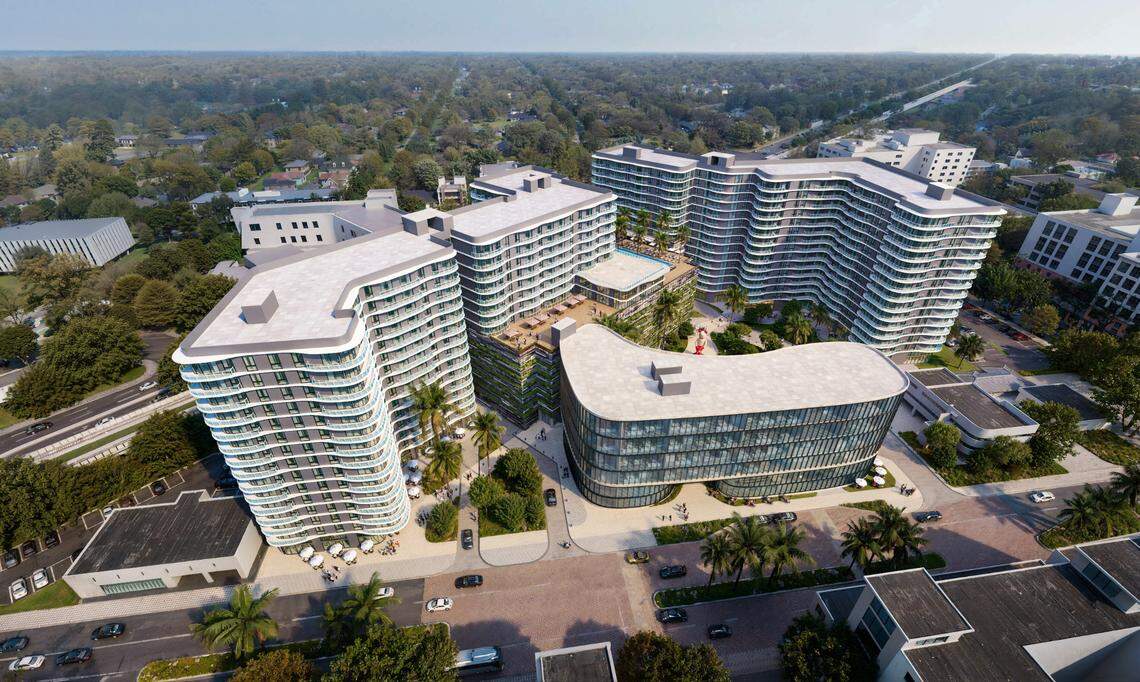 Developers 13th Floor Investments, chosen by the city of South Miami to redevelop its municipal complex, has proposed a new city hall and police building, center, facing Sunset Drive, and apartment towers surrounding a public space.