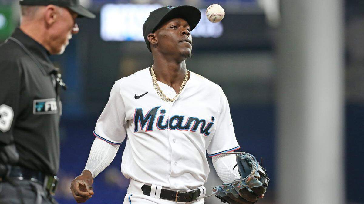 Miami Marlins second baseman Jazz Chisholm Jr. (2) tosses the ball as he comes in after the 7th inning against the Washington Nationals at loanDepot park in Miami on Tuesday, June 7, 2022.