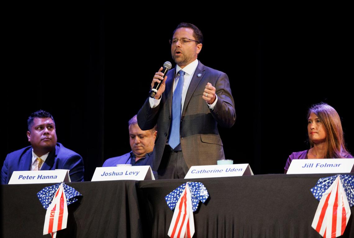 Incumbent Hollywood Mayor Josh Levy speaks about his three top priorities for the city during an open forum debate while the three other challengers listen on Tuesday, Sept. 24, 2024, at the Hollywood Central Performing Arts Center in Hollywood, Florida.