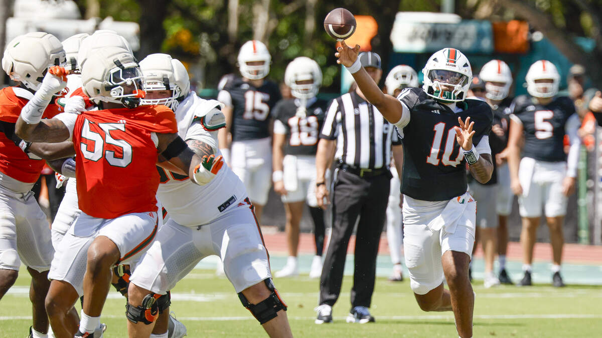 Miami Hurricanes quarterback Darian Mensah (10) passes during UM’s spring football game at Cobb Stadium on the University of Miami campus in Coral Gables, Florida, on Saturday, April 18, 2026.