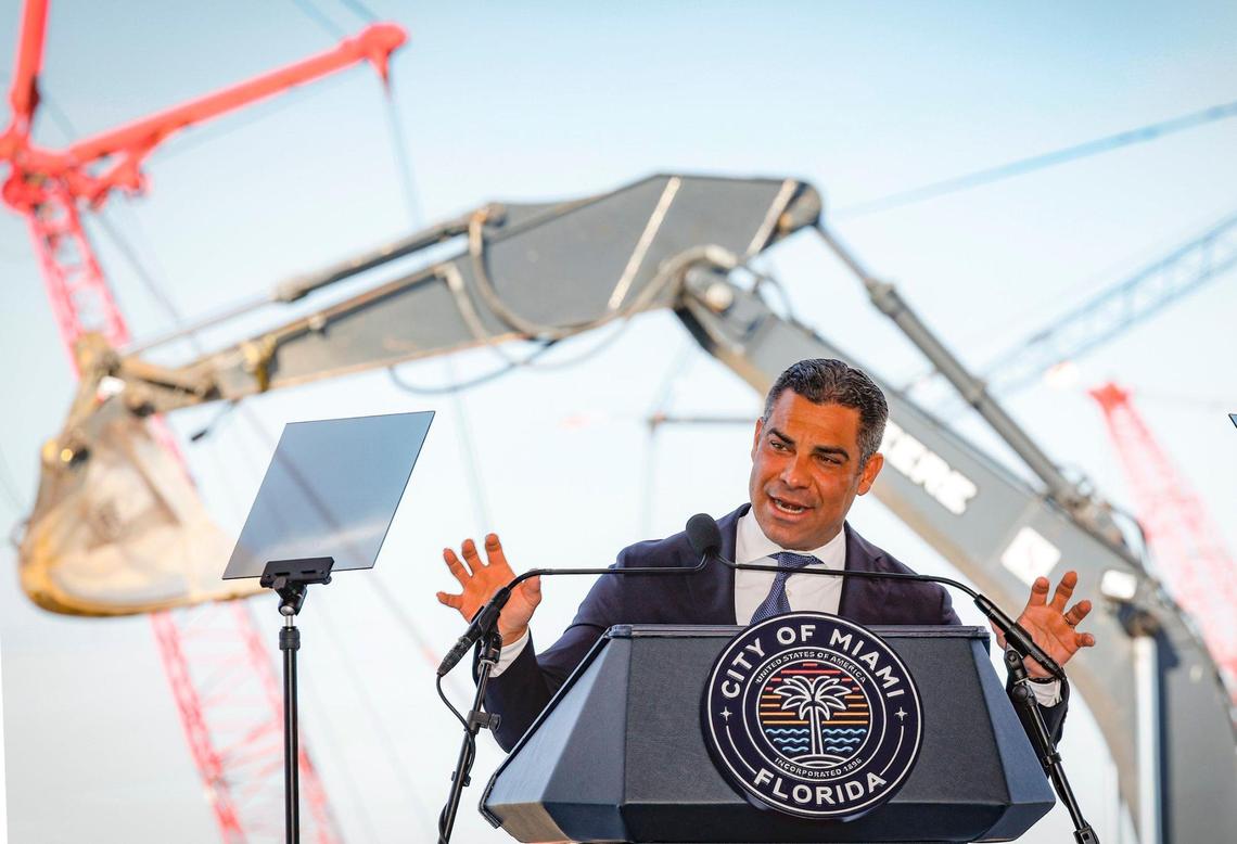 Miami Mayor Francis Suarez delivers his final State of the City address at the former Melreese golf course, the future site of Miami Freedom Park under construction in Miami on Wednesday, Jan. 15, 2025.