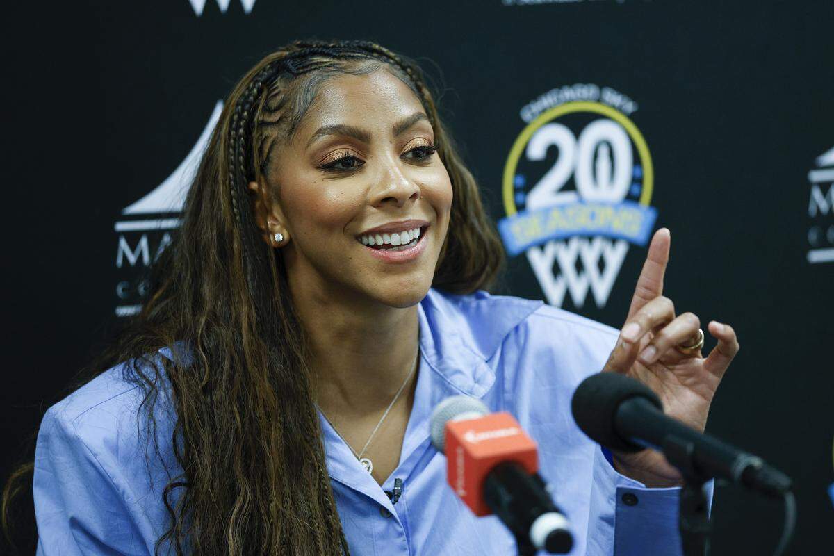 Aug 25, 2025; Chicago, Illinois, USA; Chicago Sky franchise legend and WNBA Champion Candace Parker speaks during a press conference before a WNBA game between the Chicago Sky and Las Vegas Aces at Wintrust Arena. Mandatory Credit: Kamil Krzaczynski-Imagn Images