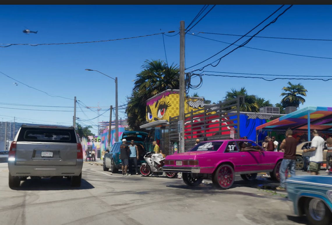 A screenshot from the trailer for Grand Theft Auto VI shows a fictionalized version of Miami’s Wynwood neighborhood. Grand Theft Auto VI, set in Vice City (fictionalized Miami), will be the eighth main GTA game, and the first since Grand Theft Auto V, which was released in 2013. The series is developed by Rockstar Games.
