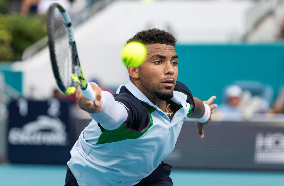 Arthur Fils, of France, returns a shot against Alexander Zverev, of Germany, during their men’s quarter-final match at Hard Rock Stadium on Wednesday, March 26, 2024, in Miami Gardens, Fla.