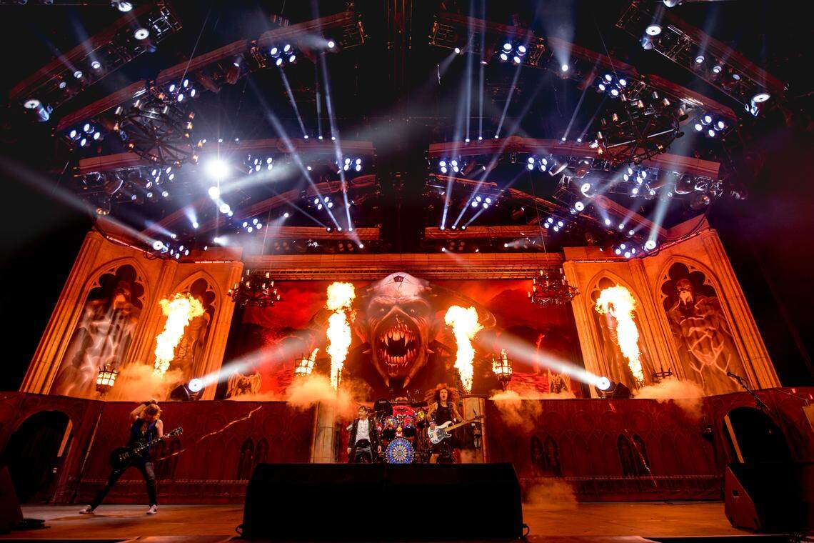 Iron Maiden’s stage design in London as part of its 2018-19 Legacy of the Beast Tour, which played to 750,000 fans. The North American leg opens July 18, 2019 at Sunrise’s BB&T Center.