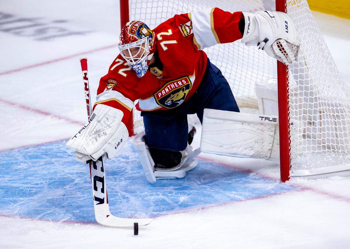 Florida Panthers goalie Sergei Bobrovsky (72) stops a shot during a NHL preseason game against the Tampa Bay Lightning at FLA Live Arena in Sunrise, Florida, on Thursday, October 6, 2022.