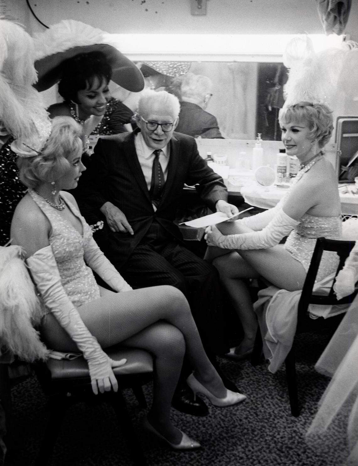 Lou Walters, owner of the Latin Quarter, with some of his dancers at his nightclub on Miami Beach’s Palm Island in the 1940s and ’50s.