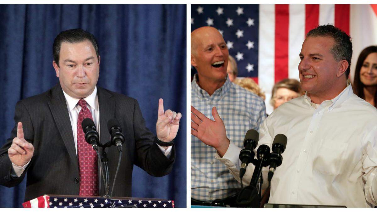 Former state senator and Yahoo! executive Jeremy Ring, left, and Chief Financial Officer Jimmy Patronis campaign in Orlando in August and September, respectively.