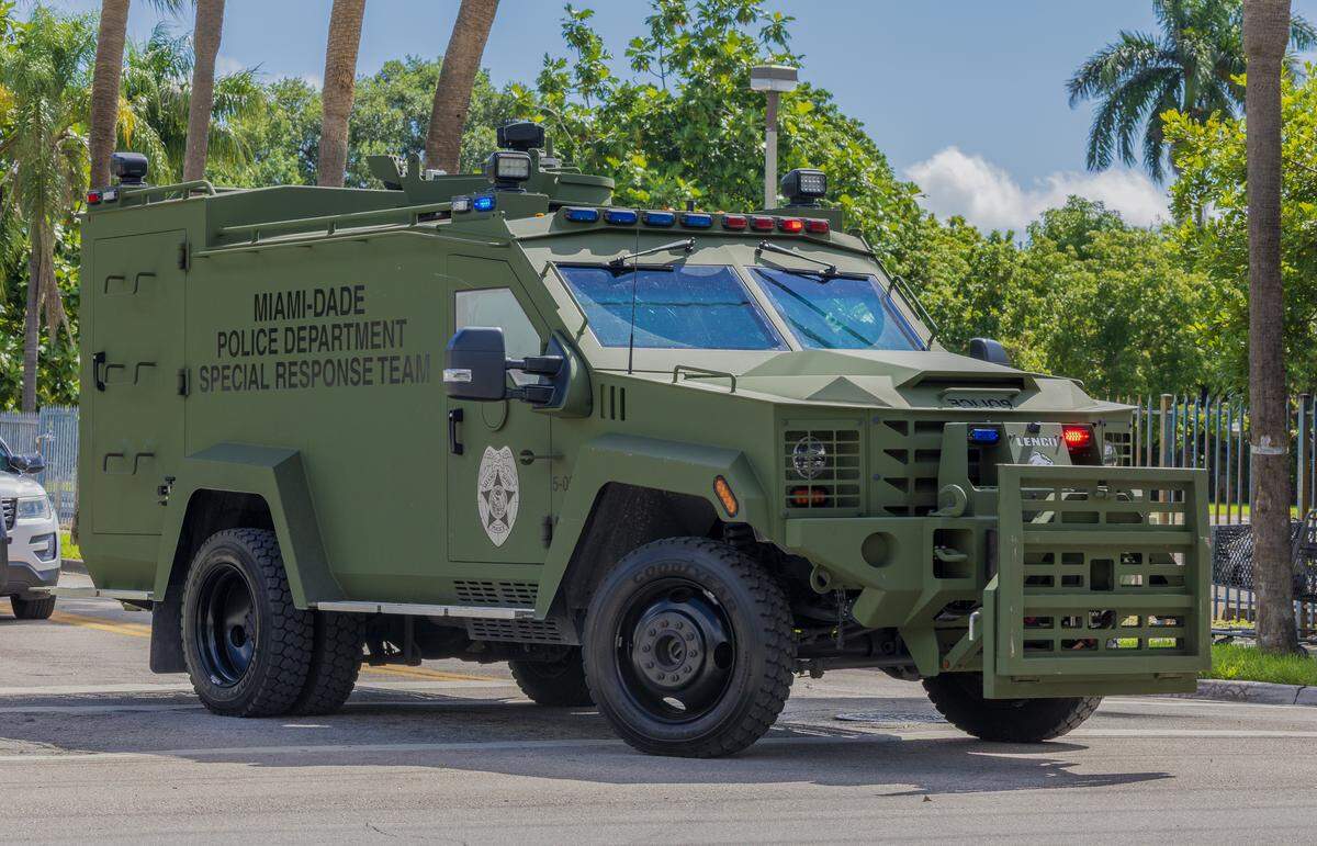 A police armored vehicle at the Allapattah shooting scene on Thursday, Oct. 9, 2025, in Miami.