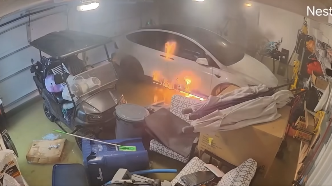 Pinellas County Government posted to their social media of a car catching fire in a garage after being flooded by salt water.