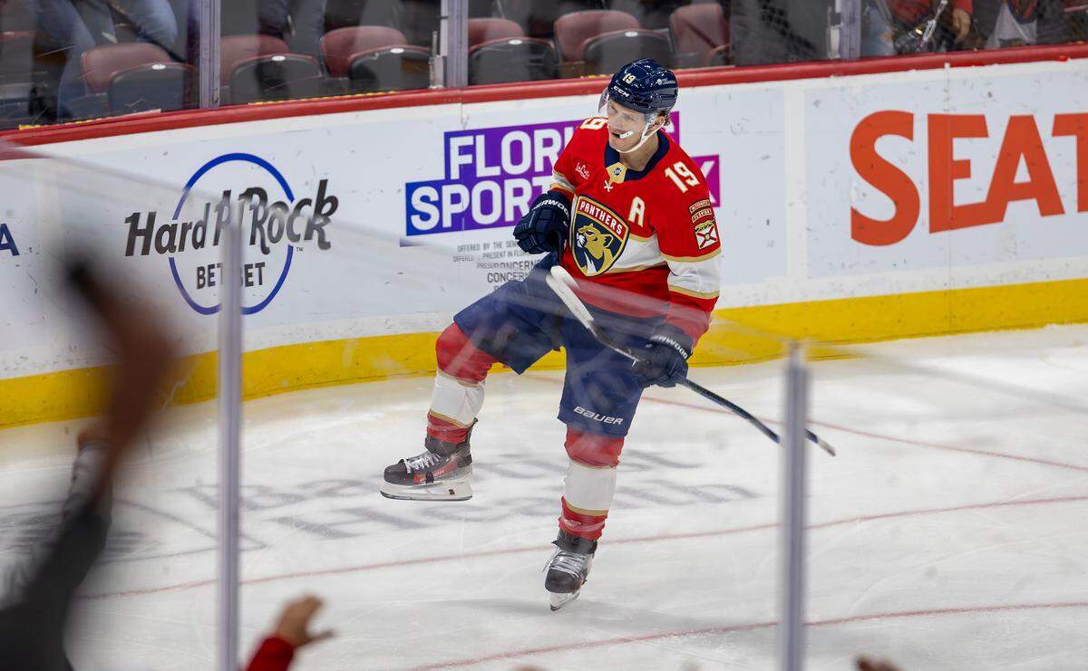 Florida Panthers left wing Matthew Tkachuk (19) reacts after scoring a goal during the first period of an NHL game against the Nashville Predators at the Amerant Bank Arena on Thursday, Nov. 7, 2024, in Sunrise, Fla.