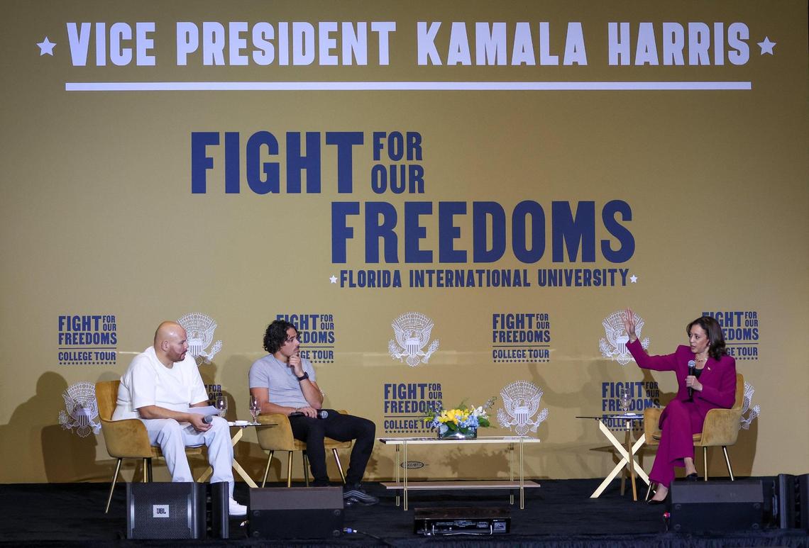 Vice President Kamala Harris, right, answers questions from panelists - Fat Joe, rapper, left, and actor Anthony Ramos, center, and students as she visited FIU as part of her “Fight for Our Freedoms” College Tour on Thursday, September 28, 2023 at Florida International University Ocean Bank Convocation Center on Ocean Bank and Convocation Center on FIU Riccardo Modesto A. Maidique Campus in Miami, Florida.