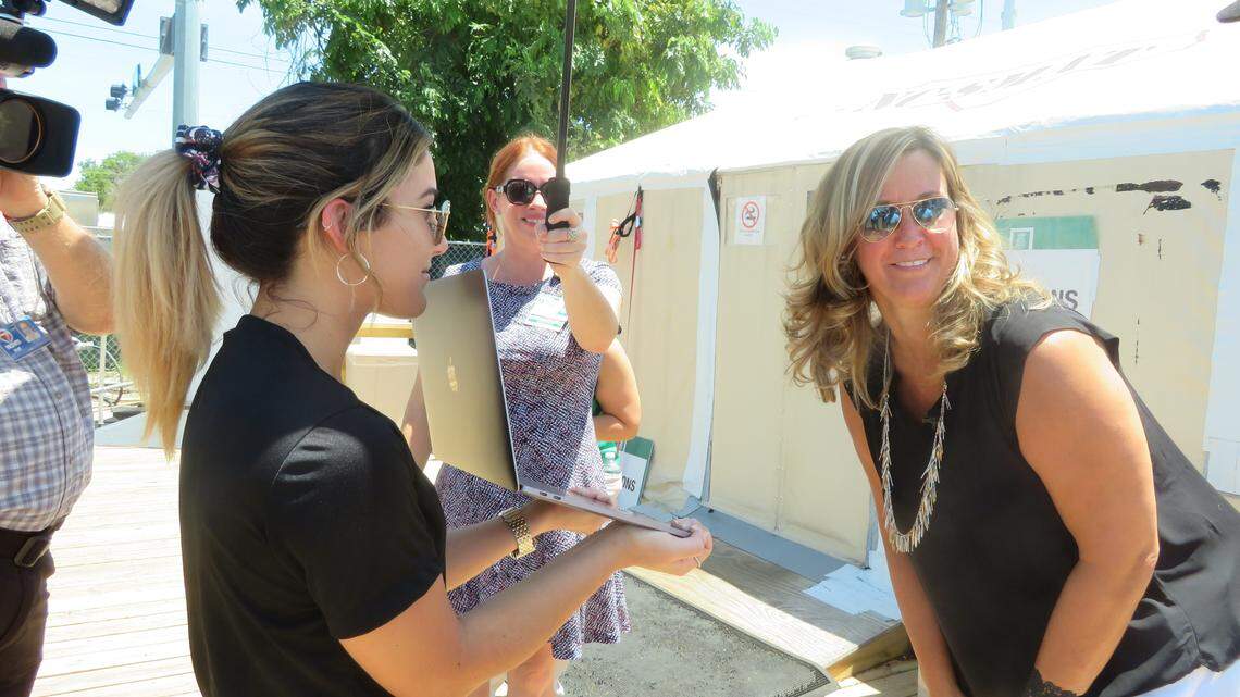 Kim Gregory, far right, development manager at Fishermen's Community Hospital Foundation, visits with a group of Michigan schoolchildren via Skype on Tuesday, June 5, 2018.