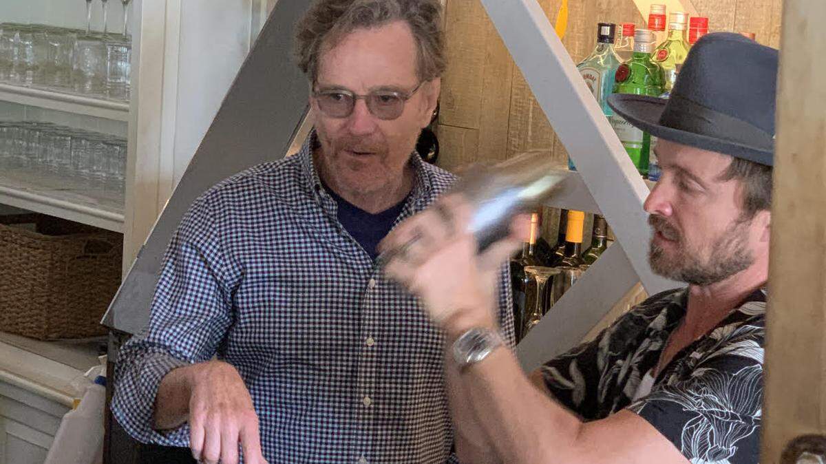 Bryan Cranston and Aaron Paul at Stiltsville Fishbar in Miami Beach