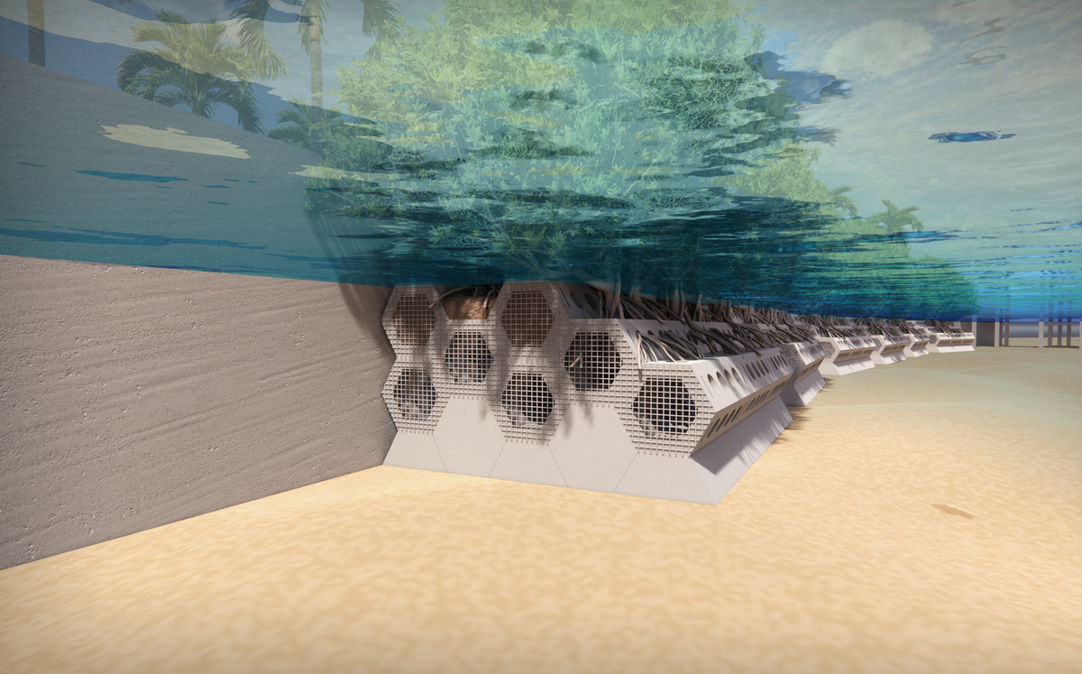 A rendering of what the SEAHIVE installation at Wahoo Bay might look like, including the modular concrete structures and the mangroves that will be planted on top of them.
