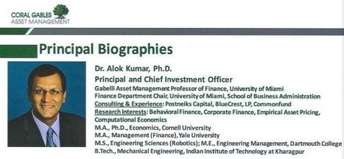 The top of University of Miami professor Dr. Alok Kumar’s Coral Gables Asset Management biography.