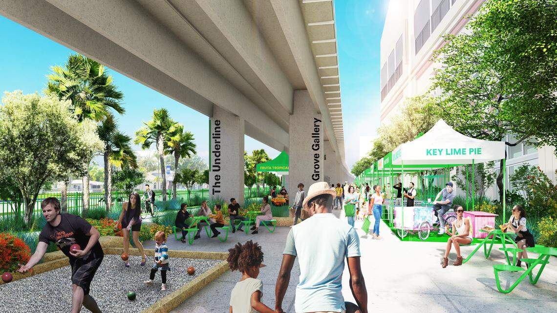 Grove Gallery is one of 12 planned amenity hubs in The Underline’s third and final phase. It will provide community space for market stalls, food trucks and a bocce ball court just north of the Coconut Grove Metrorail Station.