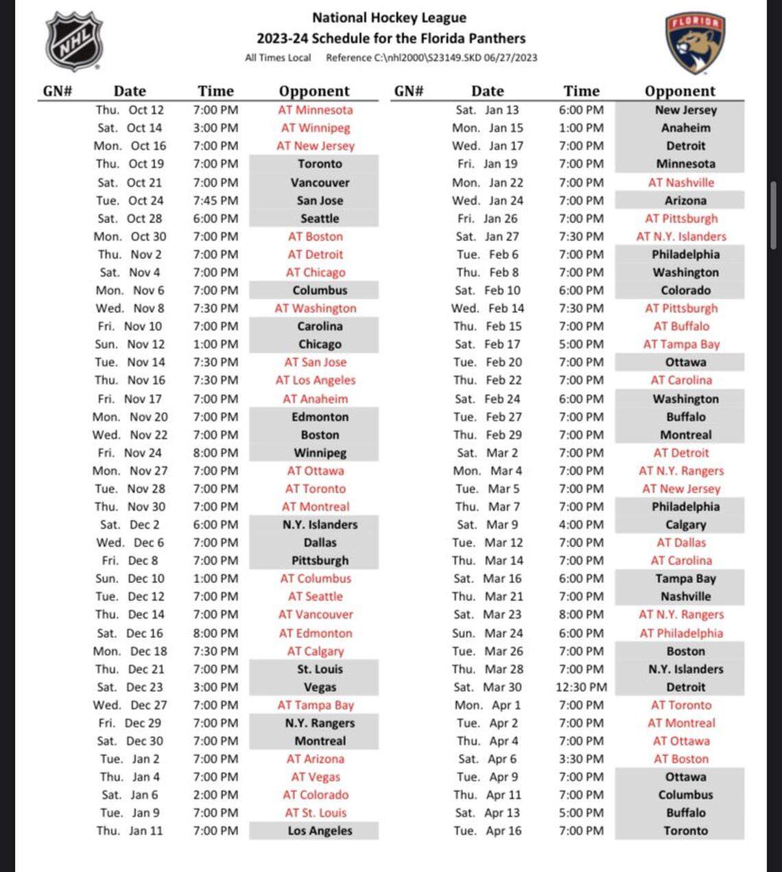 Florida Panthers 2023-24 schedule