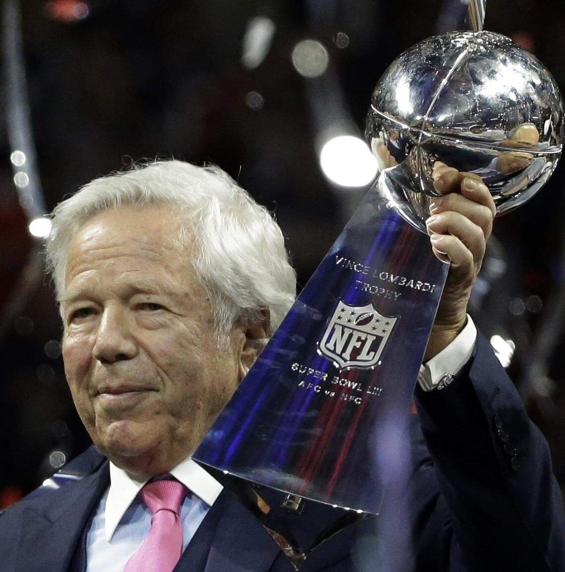 New England Patriots owner Robert Kraft, charged with soliticing sex at a Jupiter massage parlor last year, is seen here holding the Vince Lombardi trophy after his team won Super Bowl 53 against the Los Angeles Rams in February.