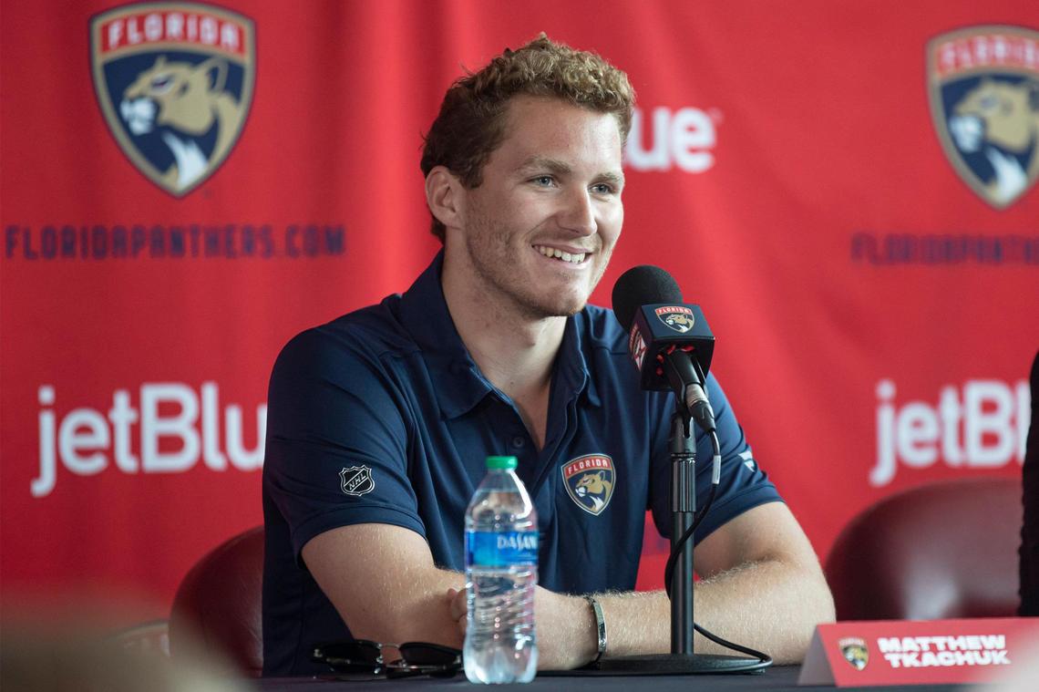 Matthew Tkachuk speaks at a Florida Panthers introductory press conference at FLA Live Arena in Sunrise, Florida on Monday, July 25, 2022.