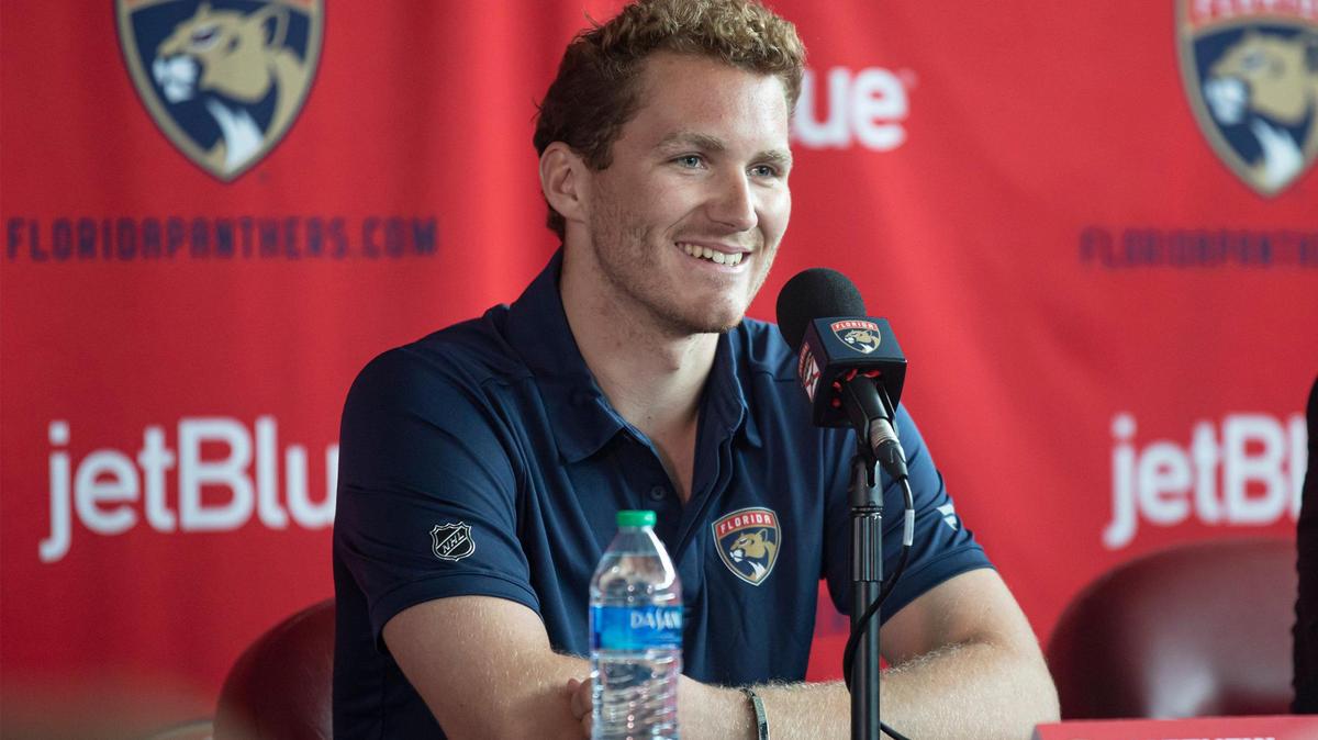 Matthew Tkachuk speaks at a Florida Panthers introductory press conference at FLA Live Arena in Sunrise, Florida on Monday, July 25, 2022.