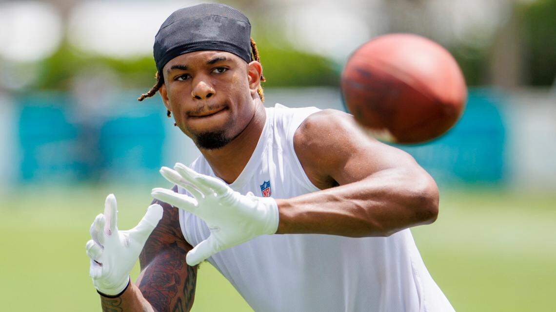 Miami Dolphins wide receiver Erik Ezukanma (87) do drills during NFL football training camp at Baptist Health Training Complex in Hard Rock Stadium on Tuesday, August 2, 2022 in Miami Gardens, Florida.