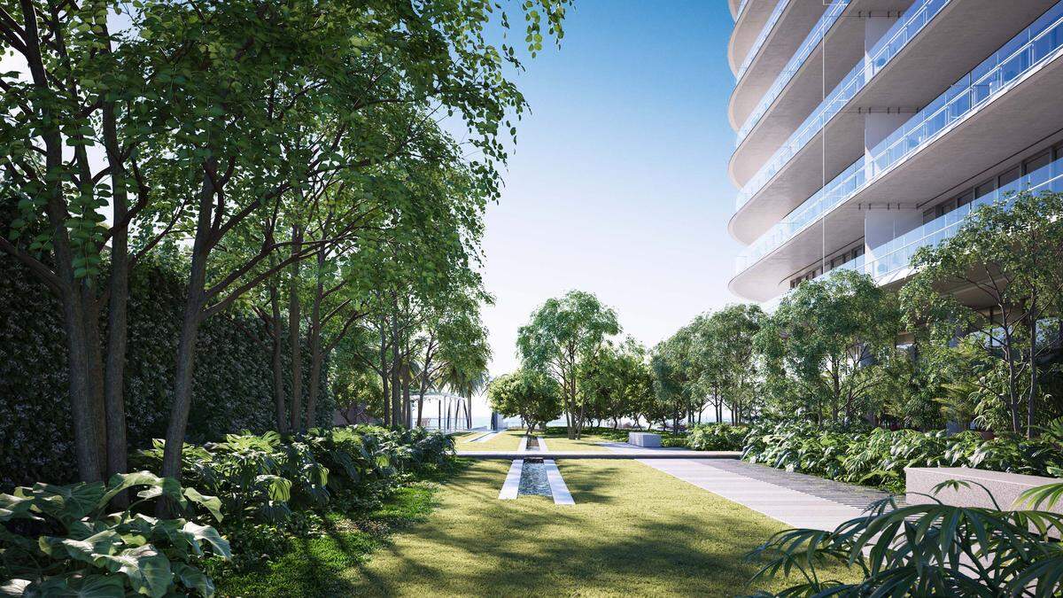 Architectural rendering of the garden area at Eighty Seven Park, a luxury beachfront condo at 8701 Collins Ave. that will emphasize green spaces and nature. The building is due for completion in summer 2019 and more than 80 percent of its 66 units have been sold.