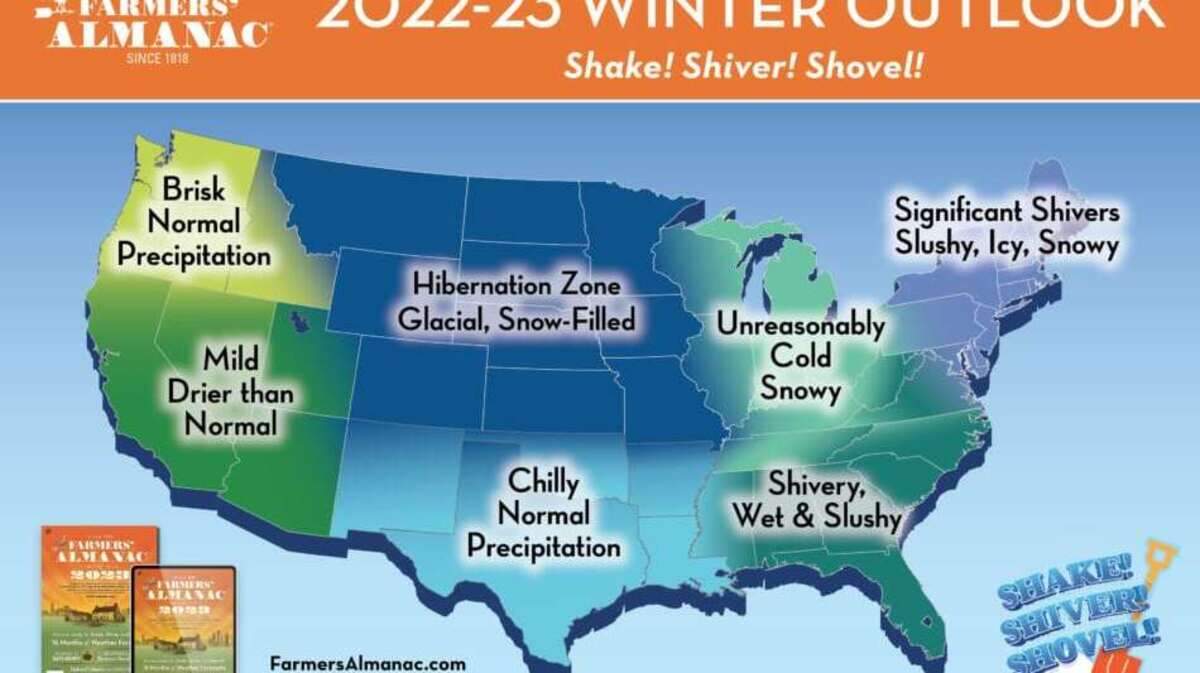 The 2023 Farmers’ Almanac winter outlook map for 2022-2023.