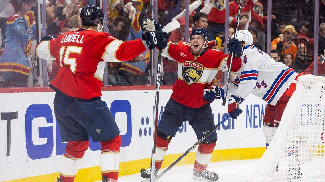Florida Panthers right wing Vladimir Tarasenko (10) celebrates with center Anton Lundell (15) after scoring a goal against New York Rangers goaltender Igor Shesterkin (31) in the third period of Game 6 during the Eastern Conference finals of the NHL hockey Stanley Cup playoffs at the Amerant Bank Arena on Saturday, June 1, 2024, in Sunrise, Fla.