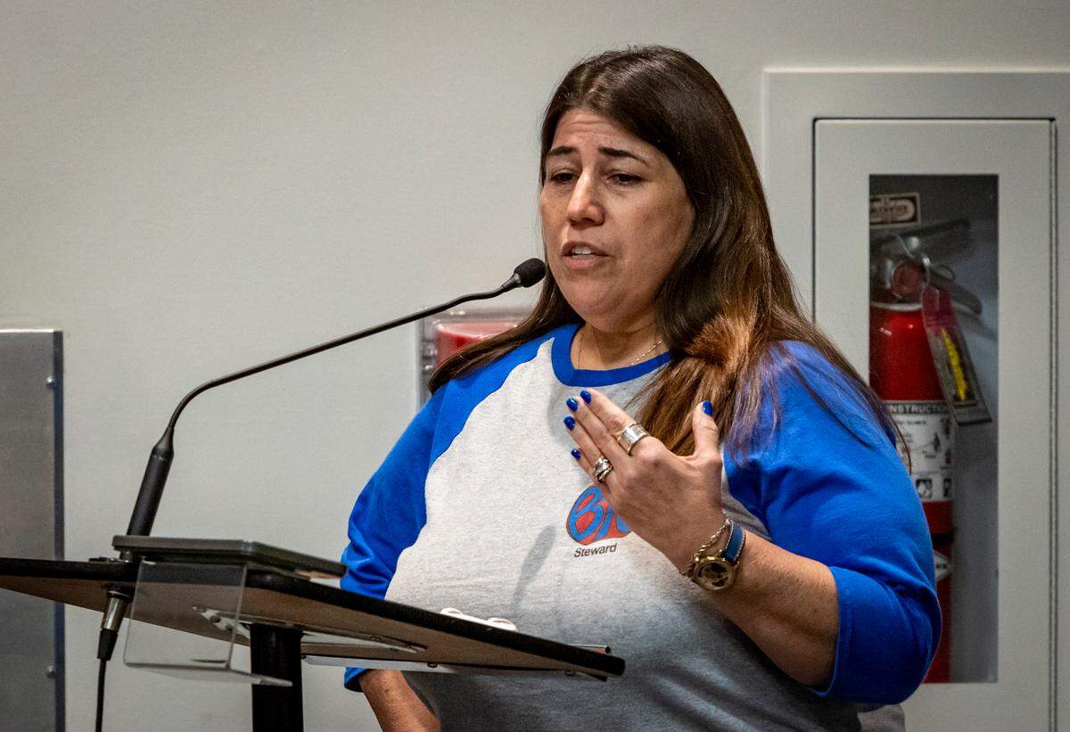Anna Fusco, president of the Broward Teachers Union, speaks to the Broward School Board during a Jan. 25, 2022, meeting held to discuss the search for a superintendent. She encouraged the board to hire interim Superintendent Vickie Cartwright as the new permanent superintendent.