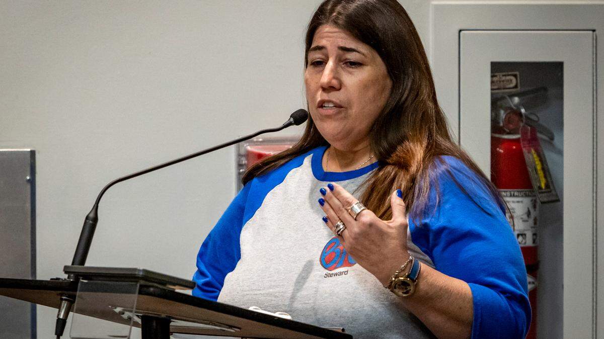 Anna Fusco, president of the Broward Teachers Union, speaks to the Broward School Board during a Jan. 25, 2022, meeting held to discuss the search for a superintendent. She encouraged the board to hire interim Superintendent Vickie Cartwright as the new permanent superintendent.