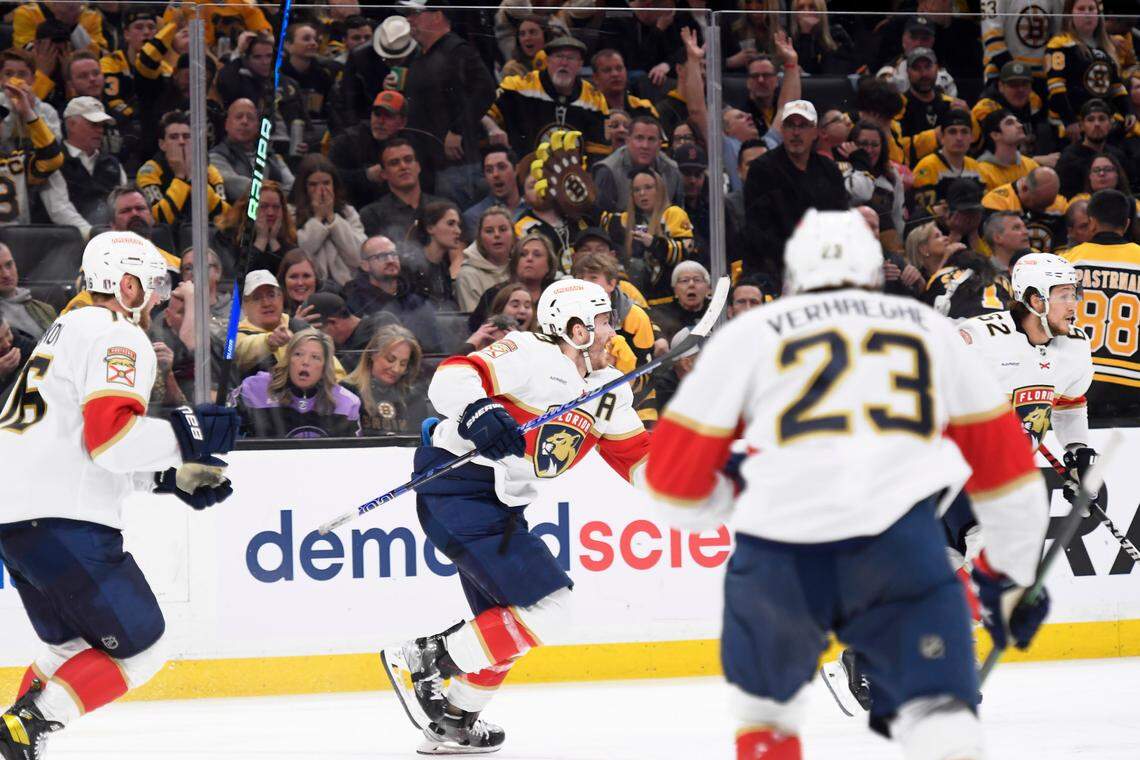 Apr 26, 2023; Boston, Massachusetts, USA; Florida Panthers left wing Matthew Tkachuk (19) reacts after scoring the winning goal during overtime in game five of the first round of the 2023 Stanley Cup Playoffs against the Boston Bruins at TD Garden. Mandatory Credit: Bob DeChiara-USA TODAY Sports