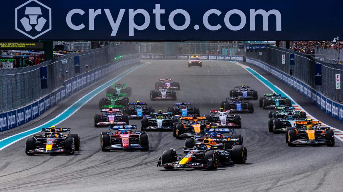 Drivers take turn 1 during Formula One Miami Grand Prix at the Miami International Autodrome on Sunday, May 5, 2024, in Miami Gardens, Fla.