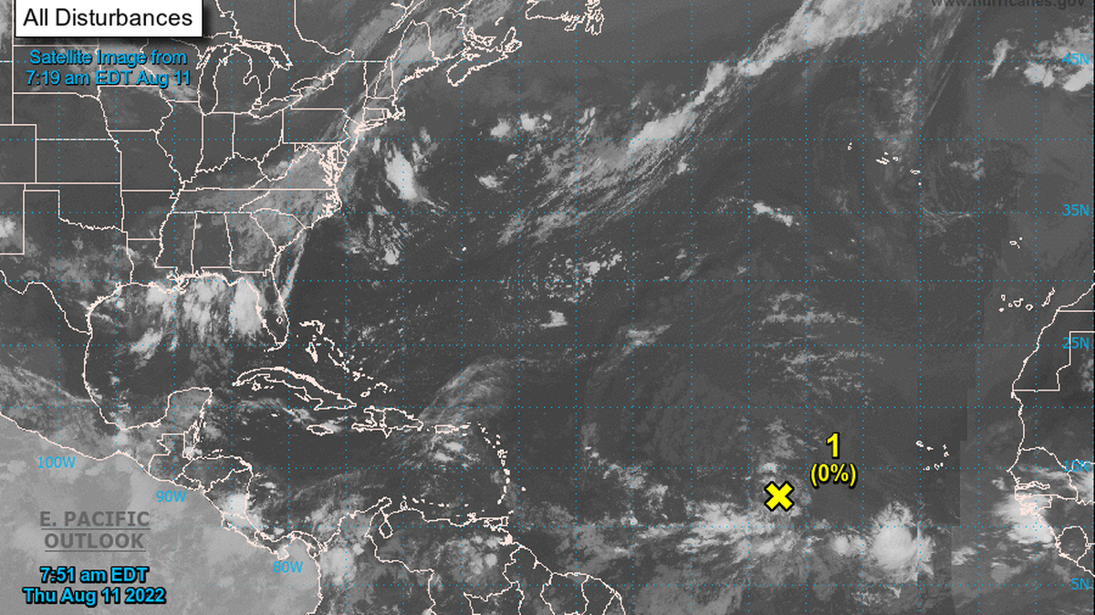 A disturbance midway between the west coast of Africa and the Lesser Antilles has a near zero percent chance of developing, according to the National Hurricane Center’s 8 a.m. report on Aug. 11, 2022.