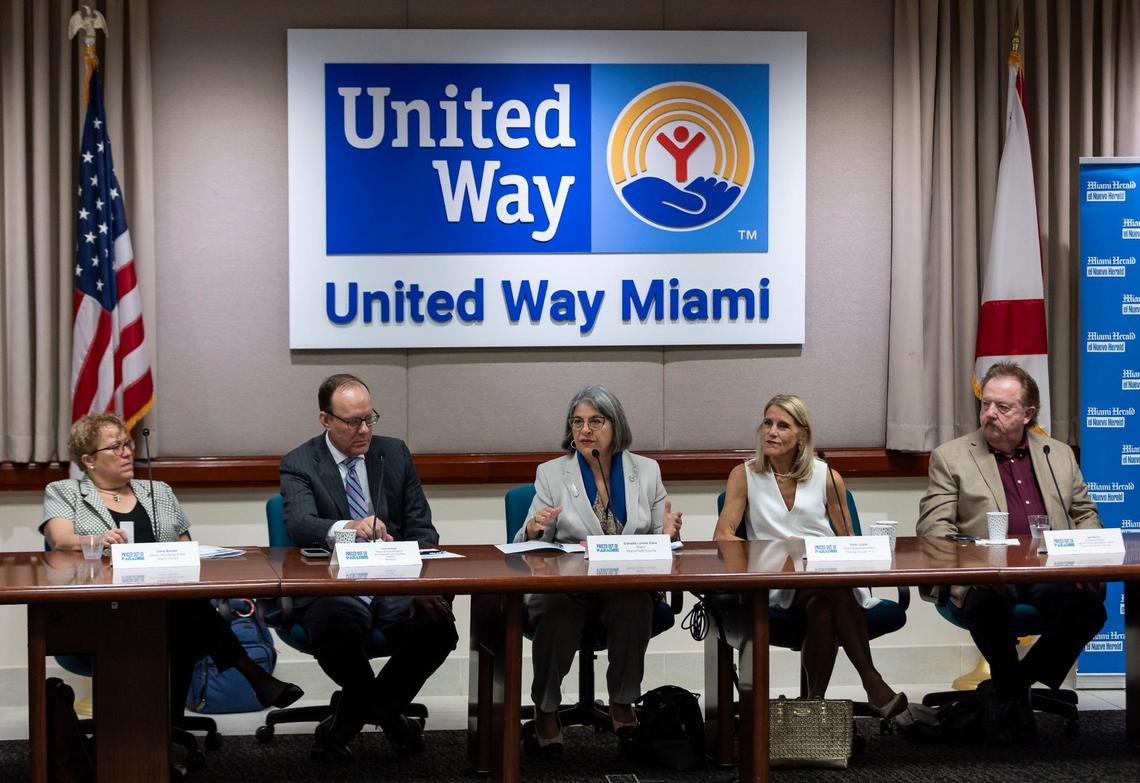 From left to right: Miami Herald’s Senior Managing Editor Dana Banker, WLRN’s Senior Economics Editor and Special Correspondent Tom Hudson, Miami-Dade County Mayor Daniella Levine Cava, State Representative Vicki Lopez, R-Miami, and FIU Jorge M. Perez Metropolitan Center Associate Director Ned Murray attend the Miami Herald and el Nuevo Herald’s ‘Priced Out Of Paradise’ panel discussion at United Way Miami on Wednesday, Sept. 18, 2024, in Miami, Fla.
