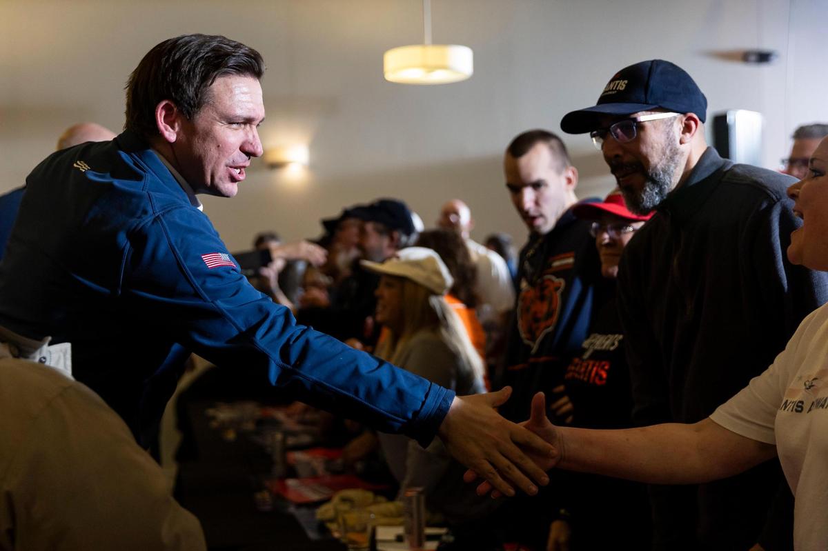 Florida Governor Ron DeSantis greets supporters after speaking during a rally at The District Venue on Sunday, Jan. 14, 2023, in Ankeny, Iowa. DeSantis is hoping for a strong performance in the Iowa caucuses.