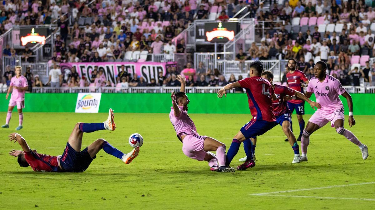 Inter Miami CF midfielder Jean Mota (7) is fouled and initially rewarded a penalty kick before it was reversed after a review during extra time in the second half of an MLS soccer game against FC Dallas at DRV PNK Stadium in Fort Lauderdale, Florida, on Saturday, April 8, 2023.